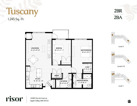 Floor plan for 2 beds, 2 baths, 1245 sqft